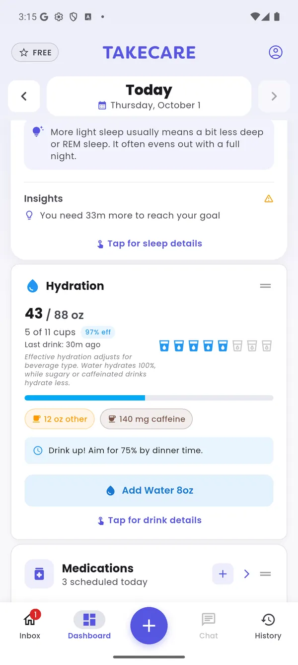 Dashboard hydration and medications cards