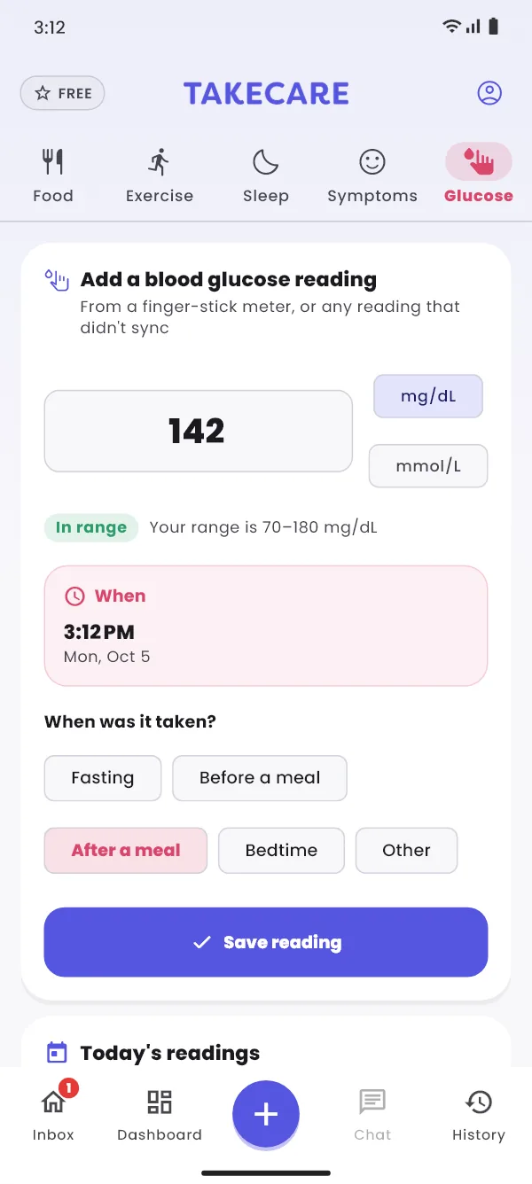 Add Entry on the Glucose tab: a reading of 142 mg/dL marked in range, taken after a meal, with Save reading