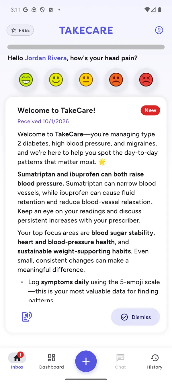TakeCare home screen with a welcome analysis that flags two medications that can raise blood pressure