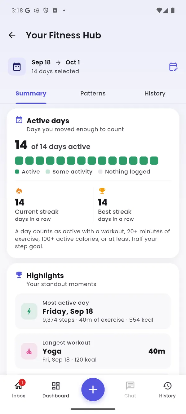 Fitness hub: 14 of 14 days active, streaks and highlights