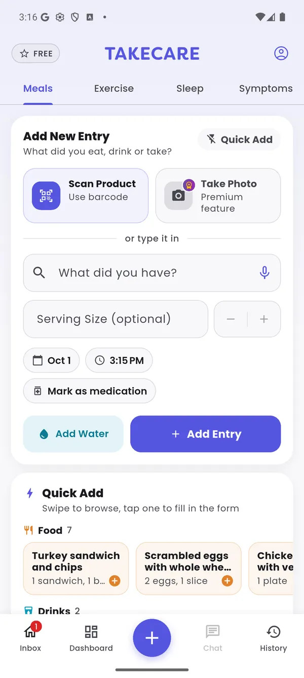 Add meal screen with barcode scan, photo, voice entry and Quick Add favorites