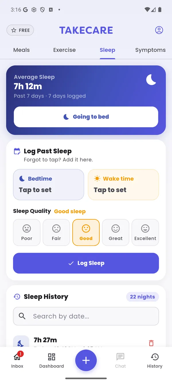 Sleep logging screen with average sleep, bedtime, wake time and sleep quality