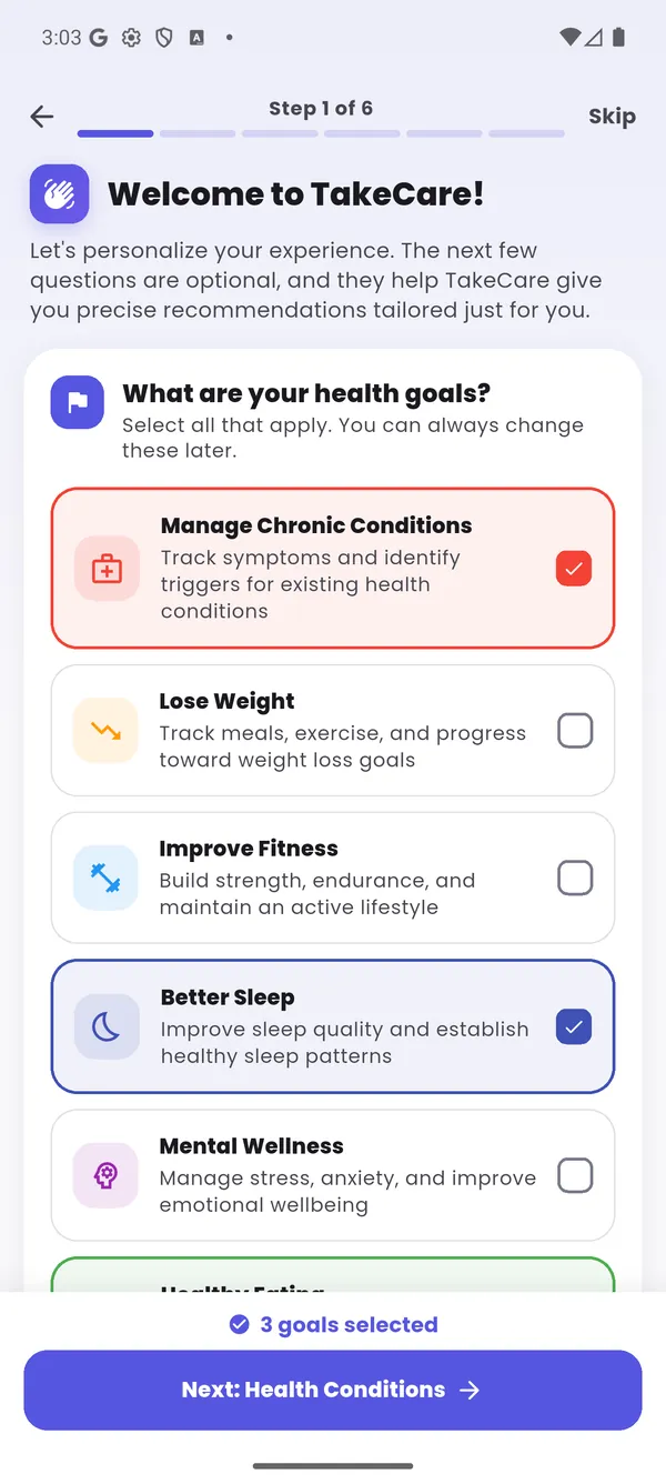 Onboarding step 1: choosing health goals such as Manage Chronic Conditions and Better Sleep