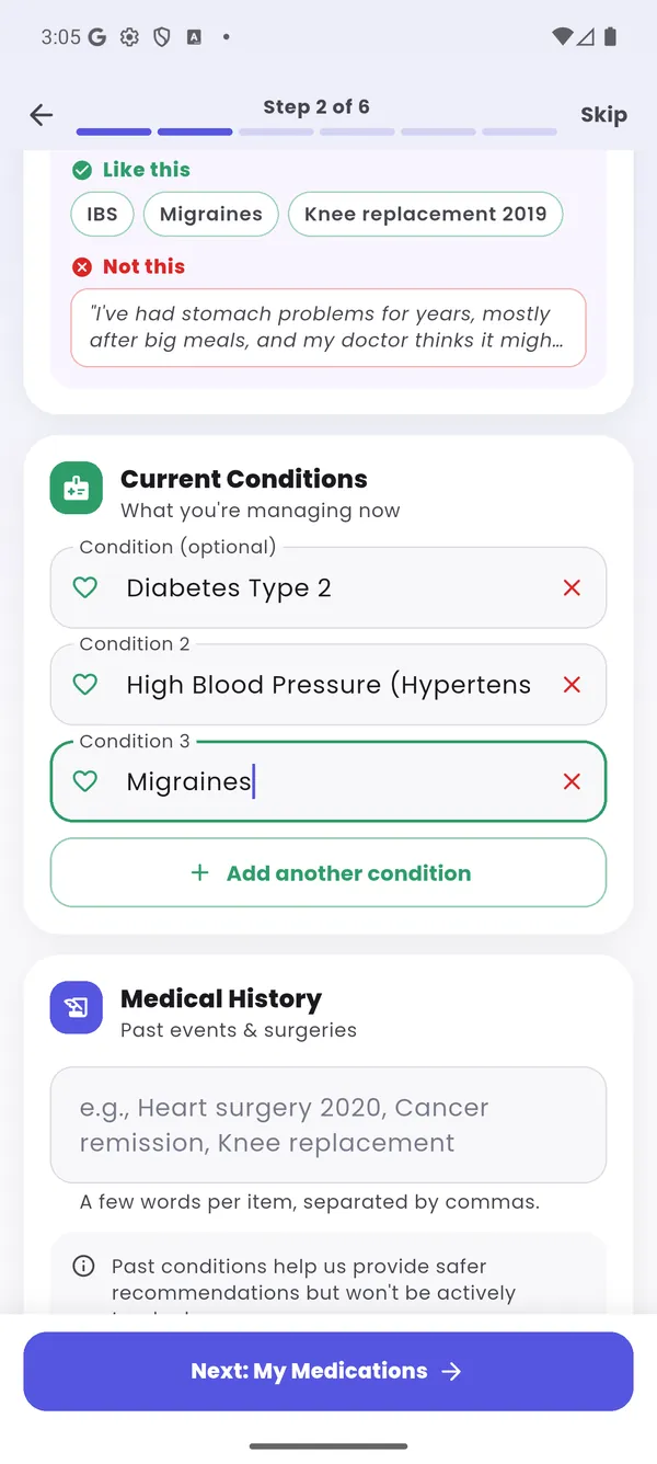 Onboarding step 2: entering conditions Diabetes Type 2, High Blood Pressure and Migraines