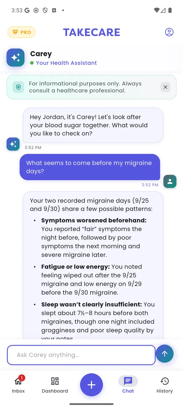 Ask Carey chat: Jordan asks what comes before migraine days and Carey answers from their own logs
