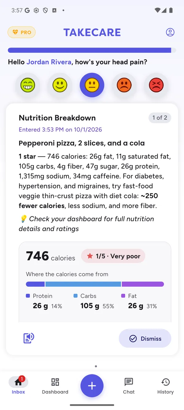 Nutrition Breakdown for pepperoni pizza and cola: 1 of 5 stars, with a lower-sodium swap suggested for diabetes, hypertension and migraines